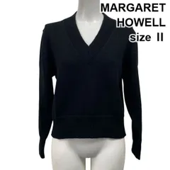 ◆ マーガレットハウエル MARGARET HOWELL Vネックセーター 長袖 ニット クロップド丈 リブ編み 黒 毛100％ 2 M 9号 レディース S5X259