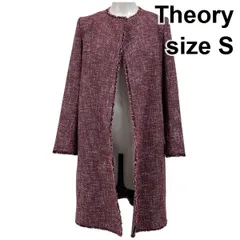 ◆ セオリー Theory ノーカラーコート ツイード 長袖 フリンジ オープンスタイル マルーン系 綿混 S 7号 レディース S5X242