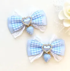 ヘアクリップリボン 水色 ギンガムチェック 量産型 いちご 苺 地雷 ロリィタ ロリータ ゴスロリ アイドル サブカル 天使界隈 推し 姫系 イベント ヘアメ