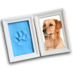 新品 フォト フレーム メモリアル 写真 立て 見開き 額縁 粘土 肉球 スタンプ 手型 記念日 ペット 犬 猫 (ブルー)