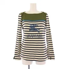 バーバリーブルーレーベル BURBERRY BLUE LABEL カットソー 長袖 ボートネック ボーダー柄 ロゴ プリント 38 アイボリー カーキ /BB ■GY14