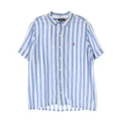 (新品)ポロ ラルフ ローレン 25SS リネン100％ ブルー ストライプ 半袖シャツ
