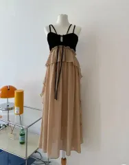 スウェード シフォン バイカラー ノースリーブ ONE PIECE リゾートワンピース