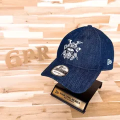 美品【ニューエラ×ドラゴンナナロク】限定コラボ ガスマスク侍 デニム キャップ 紺ネイビー×白ホワイト 9TWENTY サムライ