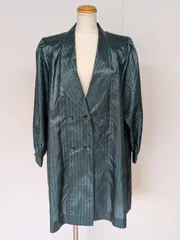 【値下げ交渉歓迎】Ladies 光沢ストライプ ロングジャケット コート風 パフスリーブ グレーシルバー Fサイズ B-1