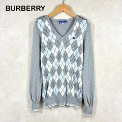 BURBERRY BLUE LABEL バーバリーブルーレーベル ホースロゴ刺繍 アーガイル チェック 総柄 ショルダーボタン Vネック コットンニット 長袖 トップス レディース グレー