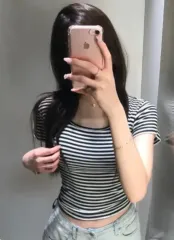 リブ ボーダー柄 スクエアネック 半袖 Tシャツ トゥライト ベーシックカットソー インナー