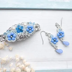 蒼色お花のヘアクリップとピアスセット（金具変更可能）