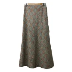 ロペ ROPE mademoiselle スカート フレア ロング チェック ウール 38 グレー オレンジ