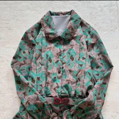 昭和レトロ 幾何学模様 ベルト付き 長袖ワンピース ミディ丈 ヴィンテージ感 D