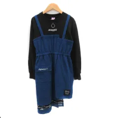 アナップ ANAP GiRL アシンメトリーフェイクワンピース ひざ丈 長袖 デニム ラウンドネック 無地 S 145～155cm 黒 ブラック /YK29 女の子