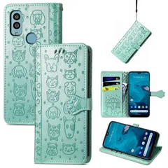 【在庫セール】Android One S9 ケース 手帳型 対応 可愛い 猫 犬 スマートフォンケース 京セラ Android One S9 マグネット式 カメラ穴あリ キュート スマホカバー カードポケット付き ストラップ付き (green)