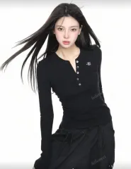 SHEIN Vネック 長袖 Tシャツ ブラック M