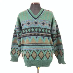 80s-90s/日本製/美品★EXCELLENT LUOH★ウールセーター【メンズM/緑 幾何学模様/長袖/Vネック】Tops/knit/Vintage◆BJ134-i<sale>