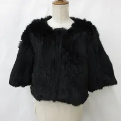 クレデゾーン CLE des ZONES ジャケット ファー ショートコート ノーカラー 七分丈 ラビット 無地 黒 ブラック 38