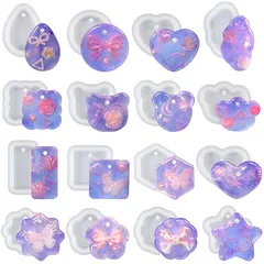 5WYOUKE シリコンモールド レジン 穴あけ 16種 円型 ハート 花 ネコ 長方形 正方形 六角形 星 雲 水滴型 ネックレス アクセサリー パーツ キーホルダー 作成 uvレジン 樹脂 アロマストーン 石膏 手作り 石鹸 キャンドル 粘土 シリコン 0
