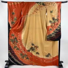 振袖 身丈167cm 裄丈69cm L 袷 牡丹 蝶 金彩 染め分け 朱色 正絹 秀品 【中古】