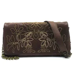 ゲンテン genten CERCHI フラワー 刺繍 2WAY チェーン ポシェット ショルダーバッグ クラッチバッグ レザー ブラウン