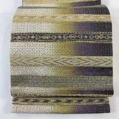 【美品】 袋帯 名品 横段 幾何学模様 金糸 泥染 紫 六通 正絹 【中古】