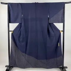 【美品】 付下げ 身丈159cm 裄丈66cm M 袷 落款 麻の葉 青海波 紺色 正絹 秀品 【中古】