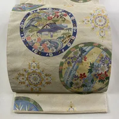 【美品】 袋帯 秀品 関西仕立て 家屋 草花 金糸 クリーム 六通 正絹 【中古】