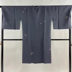 道行 身丈111.5cm 裄丈69cm L 和装コート 角衿 鳥 地紋 刺繍 金銀糸 黒灰 正絹 名品 【中古】