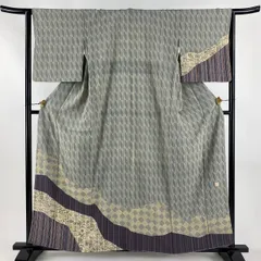 【美品】 付下げ 身丈158.5cm 裄丈64cm M 袷 落款 花唐草 縞 染め分け 灰緑 正絹 名品 【中古】