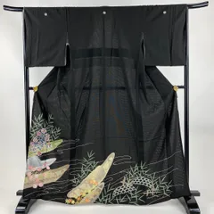 黒留袖 身丈164cm 裄丈64.5cm M 薄物 大羊居 絽 落款 舟 草花 金銀糸 刺繍 黒 正絹 逸品 【中古】