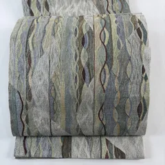 袋帯 名品 幾何学模様 銀糸 箔 灰白 全通 正絹 【中古】