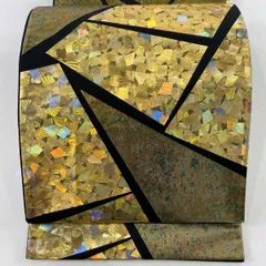 袋帯 名品 幾何学模様 金彩 箔 金茶 六通 正絹 【中古】