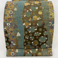 【美品】 袋帯 名品 幾何学 唐草 箔 茶緑色 六通 正絹 【中古】