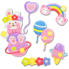 新品 (うさぎ風船 入学準備 入園 5枚セット) 刺繍 アップリケ シール両用 アイロンワッペン 女の子 ワッペン WATASHINO