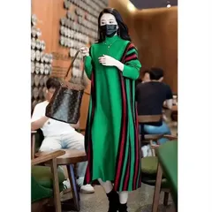 【グリーン★ＸＬサイズ 】長袖　ロング ニットワンピース　Aライン　大きめ　体型カバー　ゆったり