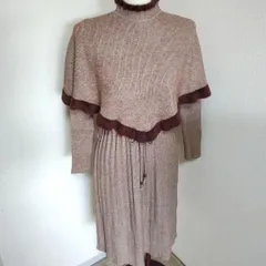 【ブラウン色★Ｍサイズ】レディース ひざ丈 ニット ワンピース ストール付き　Aライン　大きめ　体型カバー　ゆったり