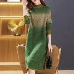【グリーン＆ベージュ色★Ｌサイズ】長袖  ひざ丈  ニットワンピースおしゃれ