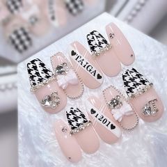 ネイルチップ 千鳥柄ネイル 量産型 オタクネイル スナ系 リボン ハート