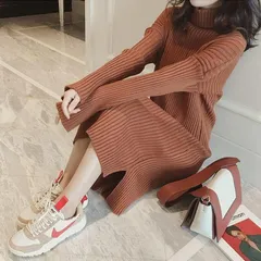 【ブラウン色★Ｌ 】長袖ニットひざ丈ワンピース韓国  秋 冬 きれいめ　　Aライン　体型カバー　ゆったり　大きめ