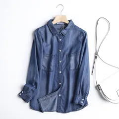 ☆ ダークブルー ☆ XLサイズ ☆ デニムシャツ トップス 長袖 デニムシャツ レディース シャツ おしゃれ デニム トップス 長袖 カジュアル 襟付き カジュアルシャツ 春 秋 ダンガリーシャツ 無地 ブルー シンプル ブラウス 長袖シャツ
