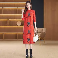 【オレンジ色★Ｌサイズ】長袖 ひざ丈 ニットワンピース　Aライン　体型カバー　ゆったり　大きめ