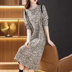 【ヒョウ柄色★Ｌ】長袖 ひざ丈 ニットワンピース　Aライン　体型カバー　ゆったり　大きめ