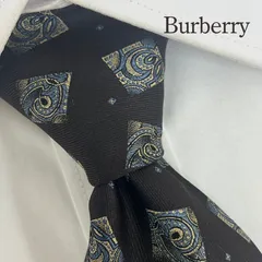 《美品》Burberry (バーバリー) ネクタイ 総柄 小紋柄 騎士ロゴ刺繍 ダークブラウン ブルー ゴールド