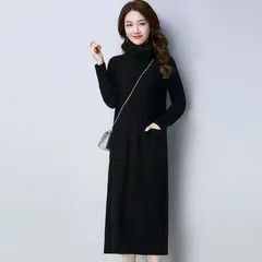 【ブラック色★ＸＬサイズ】長袖  ひざ丈 オフタートル　ニットワンピースおしゃれ　　Aライン　体型カバー　ゆったり　大きめ