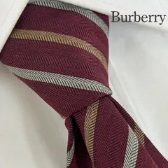 《訳アリ》Burberry (バーバリー) シルクネクタイ ストライプ 刺繍ロゴ バーガンディ グレー ゴールド