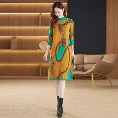 【グリーン＆オレンジ色★Ｌサイズ】長袖  ひざ丈  ニットワンピースおしゃれ　Aライン　体型カバー　ゆったり　大きめ