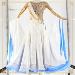 社交ダンス 衣装 スタンダード ドレス ワンピース スタンダードドレス 白 青 フロート デモ 競技 ダンス パーティ 発表会 綺麗 ホワイト系 ブルー系 上品 ダンスステージ 競技用 発表用