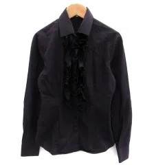 ナラカミーチェ NARA CAMICIE シャツ ブラウス 長袖 ストライプ柄 フリル 0 ダークパープル 紫 黒 ブラック /SM21