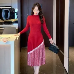 【レッド★Ｌサイズ】長袖  ニット ひざ丈ワンピース 可愛い プリーツ　秋冬　Aライン　体型カバー　ゆったり　大きめ