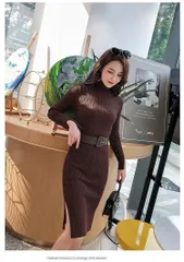 【コーヒー色★Ｌサイズ 】ベルト付き長袖ニットひざ丈ワンピース韓国  秋 冬 きれいめ　Aライン　体型カバー　ゆったり　大きめ