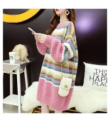 【ピンク★ＸＬ】レディース ニット セーター　チュニック　ワンピース ゆったり春秋冬　Aライン　体型カバー　ゆったり　大きめ