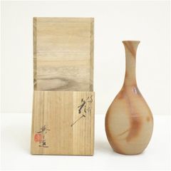 大和努 萩粉引流網口花入 共箱 栞付き 萩焼 保男窯 父：県無形文化財